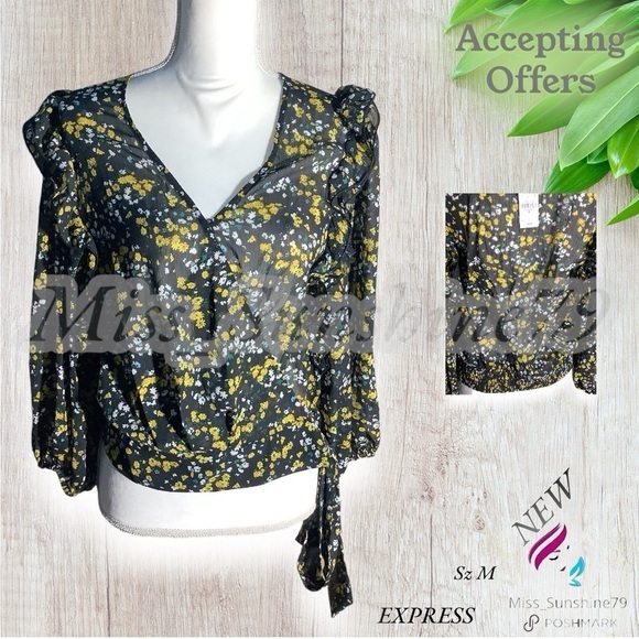 Express NEW -Sz M - cropped ruffled mock wrap shirt - balloon sleeves - dreamy - Picture 1 of 10